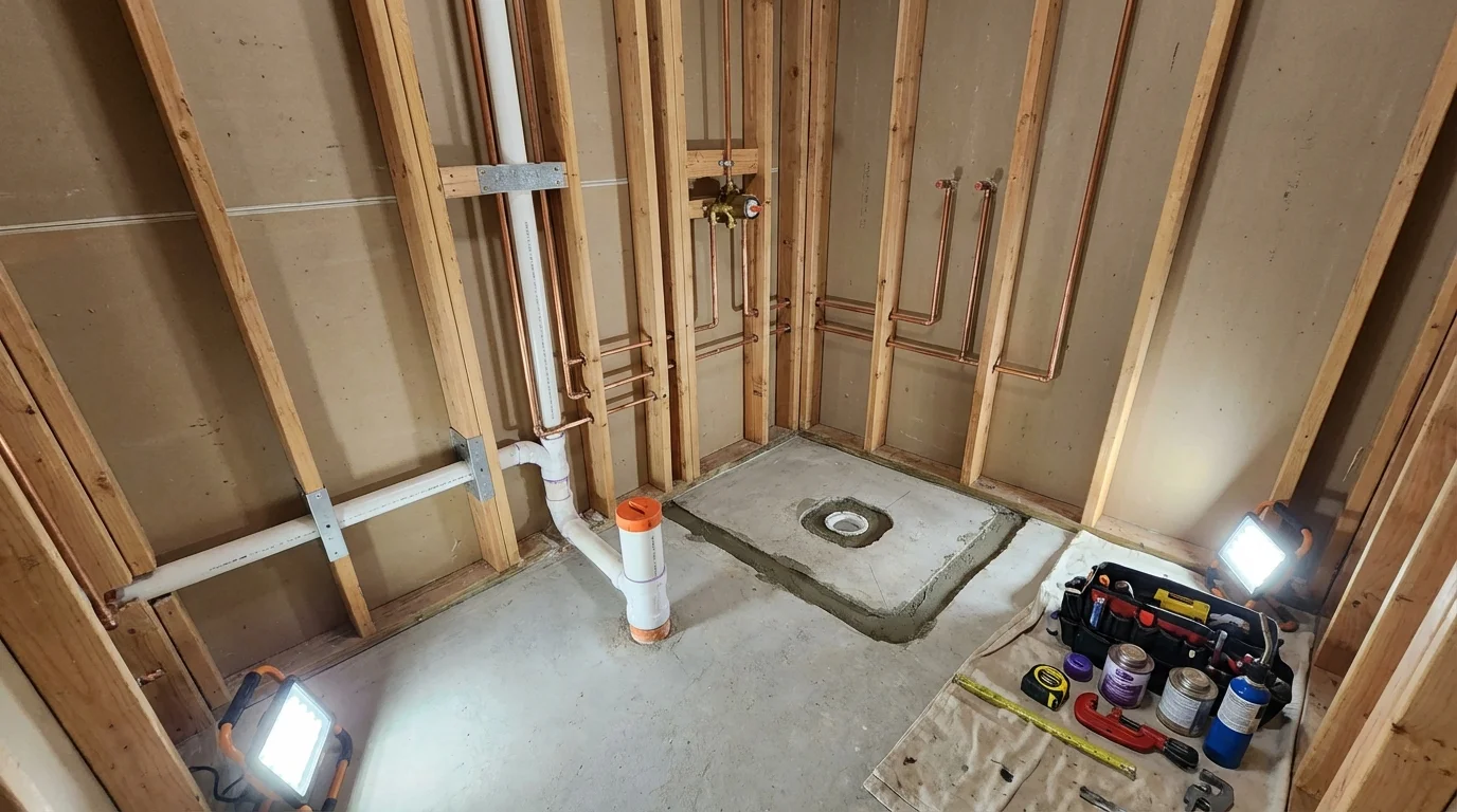 Bathroom rough-in plumbing during remodel by Johns Plumbing LLC in Waycross