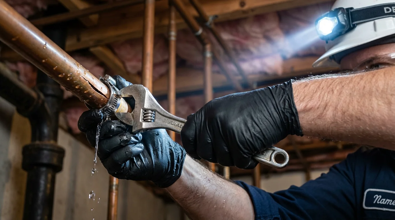 Emergency pipe clamp repair being performed by a Johns Plumbing LLC plumber in Waycross